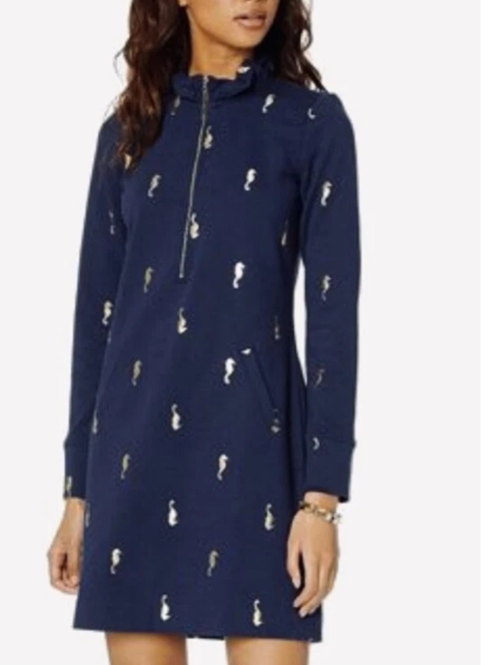 Lilly Pulitzer UPF 50+ Skipper Ruffle Dress Navy GOLD SEAHORSE Size XS